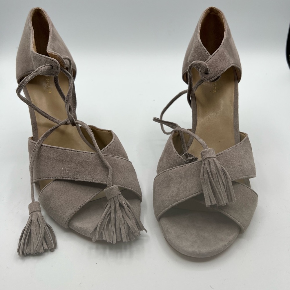 Ann Taylor Gray Ezra Suede Tassel Sandals Sz. 8 1/2” 3" Heel. 
Excellent conditi
